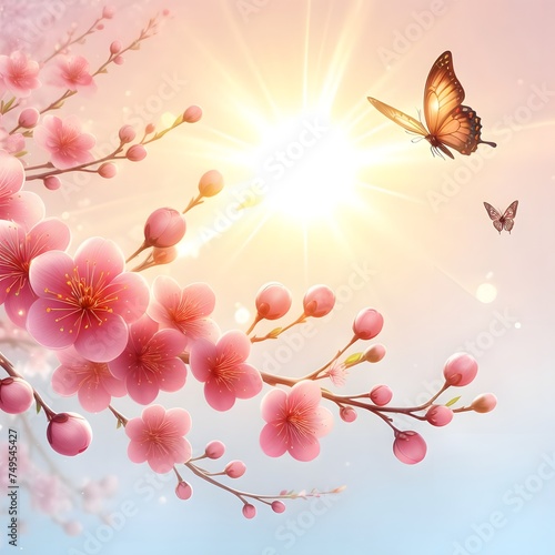 Cherry Blossom flower with a butterfly in sun ray 3d illustration background