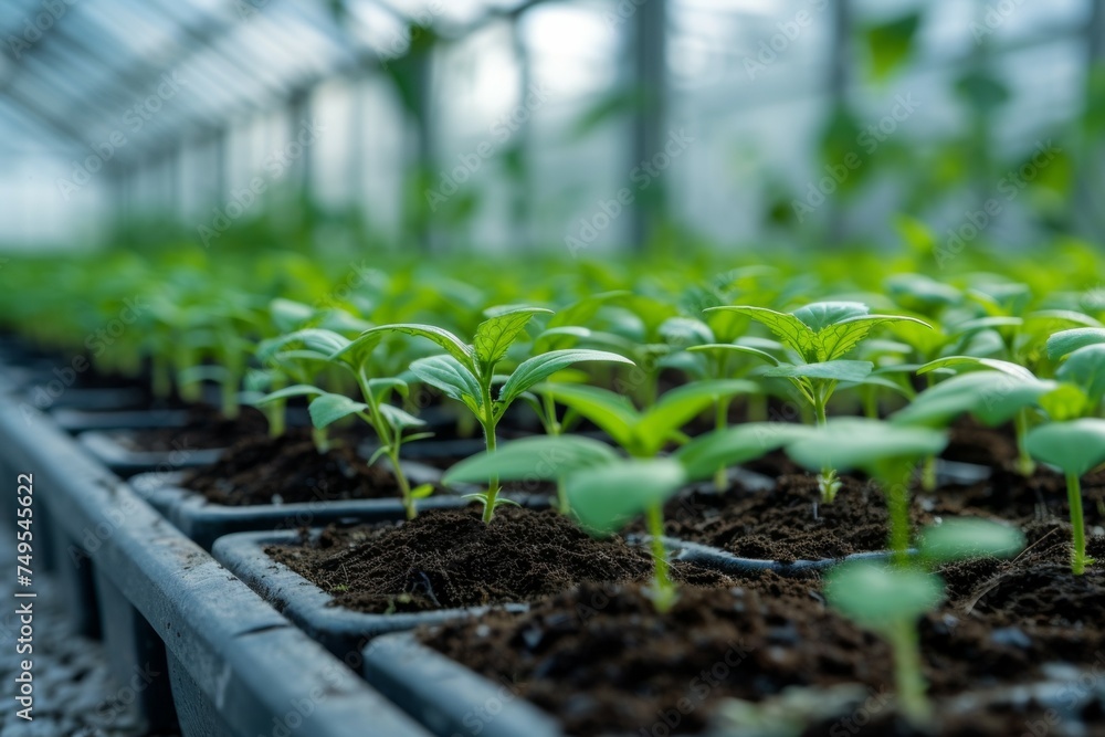 Seedlings in a greenhouse. Background with selective focus and copy space Seedlings in a greenhouse. Background with selective focus and copy space