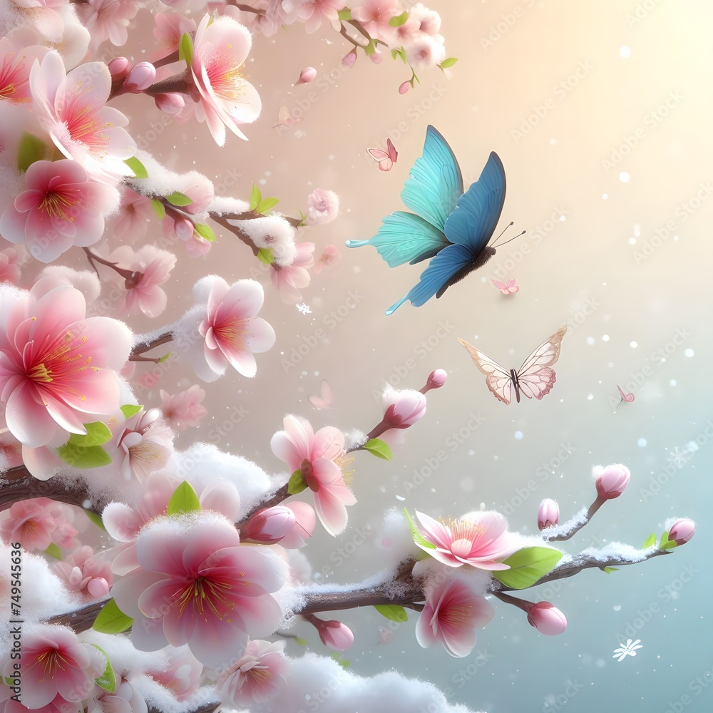 sakura cherry blossom floral Branches in snowfall with butterfly 3d Illustration  background