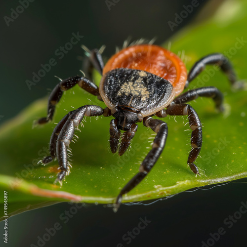 Intimate Look at Nature: Close-up of a Lone Deer Tick on a Leaf, Exemplifying the Intricacy and Precision of Insect Life