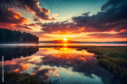 beautiful sunset on a mystical lake Generative AI image sunset, sea, beach, water, ocean, sun, sky, sunrise, landscape, nature, coast 