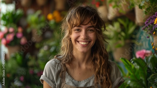 Smiling florist surrounded by greenery content in her blooming shop. Concept Florist Portraits, Greenery Backdrop, Blooming Shop, Smiling Content, Florist Lifestyle