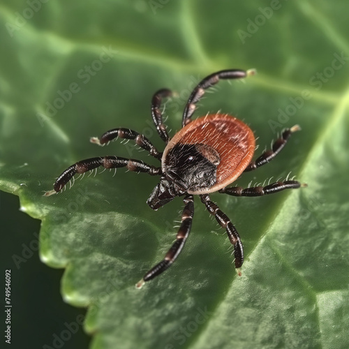 Macro Detail: Deer Tick Crawling on a Vibrant Green Leaf, Highlighting the Importance of Tick Awareness in Nature © Marina