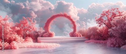 Featuring Cotton Candy Dreamscape Podium with Framed Metal Arches Adorned with Illuminated Cotton Trees in Blush against a Cloudy Skybackdrop photo