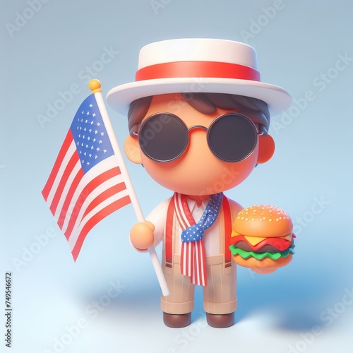 American person with a flag and a burger in national costume in a static pose and black glasses. Colorful Cartoon Cute 3D character. photo