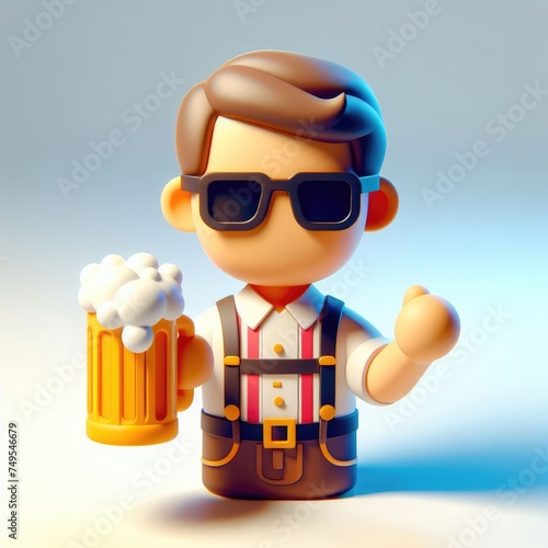German person with a beer mug in national costume in a static pose and black glasses. Colorful Cartoon Cute 3D character.
