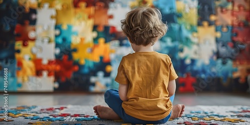 Autism spectrum child sitting against jigsaw puzzle wall seen from behind. Concept Autism Awareness, Sensory Wall, Puzzles, Neurodiversity, Child Development
