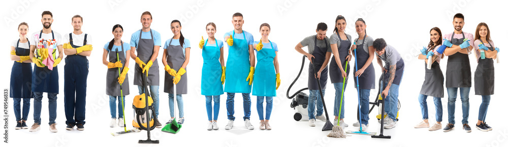 Collage of team of young janitors on white background Collage of team of young janitors on white background