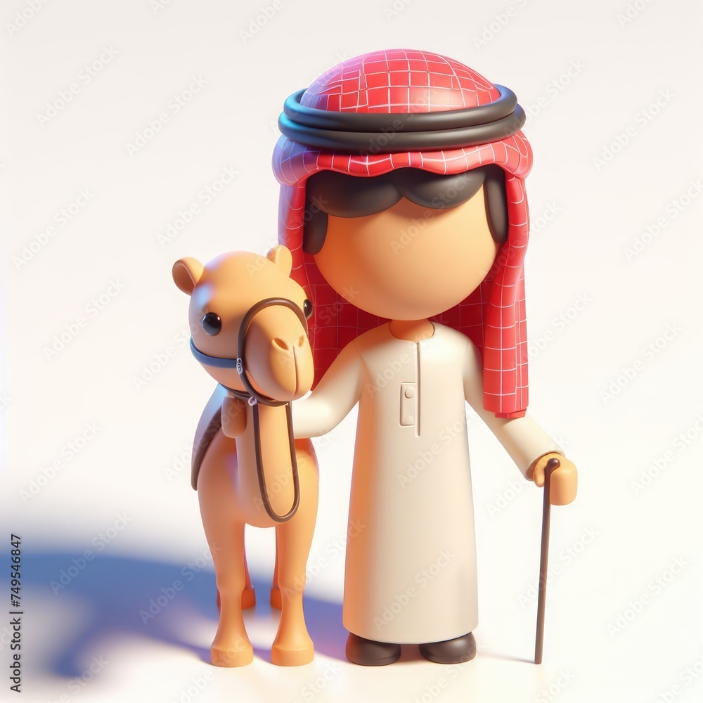 Arab person with a camel in national costume in a static pose and black glasses. Colorful Cartoon Cute 3D character. Arab person with a camel in national costume in a static pose and black glasses. Colorful Cartoon Cute 3D character.