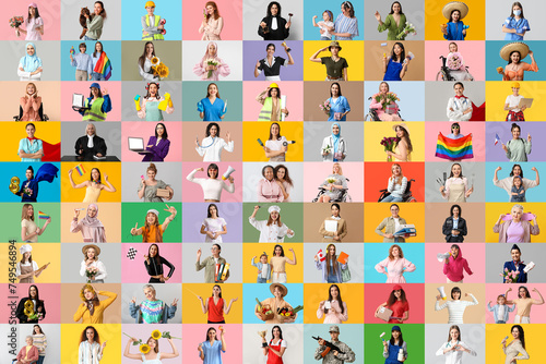 Big collage of beautiful women on color background