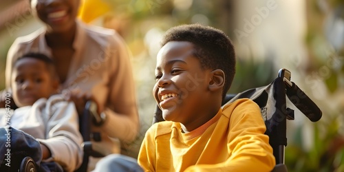 A diverse family plays with a teenager who has special needs. Concept Family Bonding, Special Needs Inclusion, Multicultural Connection, Joyful Moments photo