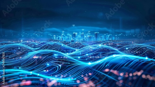 A double-exposure digital blue wavy wire background with antennas on a night time skyline of a megapolis, showing the concept of smart cities with big data connections #749547831