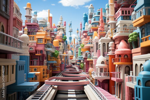 Vibrant and colorful 3D render of an animated city with futuristic buildings and a clear sky, evoking a utopian urban environment. © Bavorndej