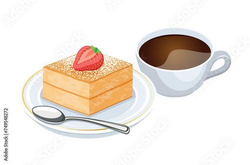 Sponge Cake and cup of coffee drink vector illustration. Cup of coffee and sponge cake with strawberry icon set vector isolated on a white background. Sweet breakfast still life