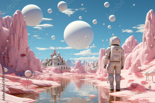 A solitary astronaut stands before a reflective pink river, with whimsical floating orbs and a fairy-tale castle in a surreal extraterrestrial landscape.
