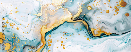 Abstract marble background, blue and white liquid texture with thin gold veins.