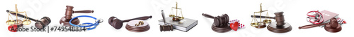 Collage of judge's gavels, law books, scales of justice, wedding rings, stethoscope and pills on white background photo
