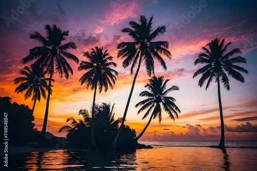 Dark tropical sunset with palm trees on colorful tropical ocean sunset background realistic photography generative ai photo.   © Ariyan