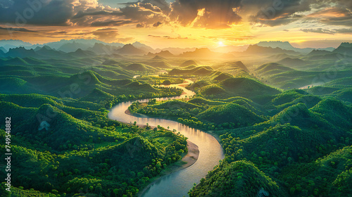 Mountain Landscape with River, Nature View in Vietnam, Scenic Wilderness with Hills and Clear Water Stream