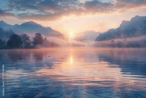 Serene Lakeside Dawn with Mist and Mountain Backdrop