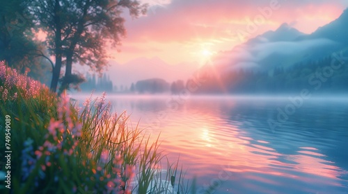 Serene Lakeside Dawn with Mist and Mountain Backdrop