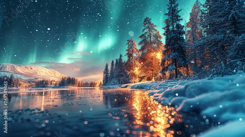 Magical Winter Wonderland with Northern Lights