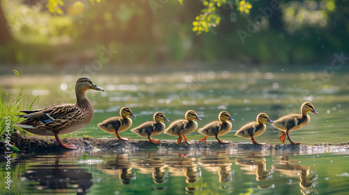 Line of ducks waddling along the bank of a serene lake, Fluffy ducklings following their mother, Orderly and cute procession photo