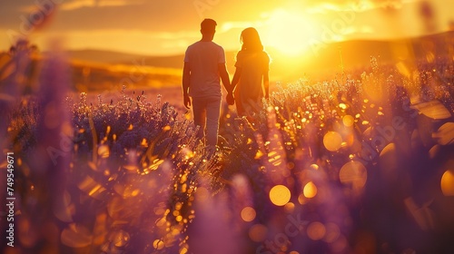 Couple Walking in Lavender Field at Sunset