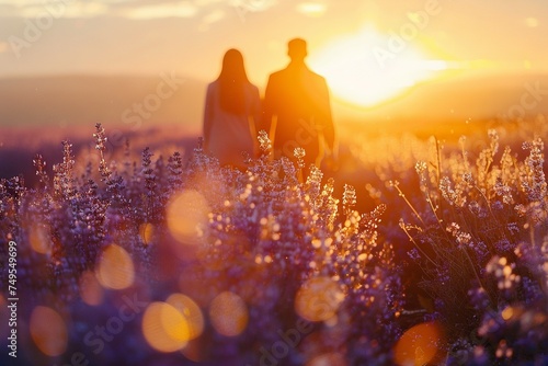 Couple Walking in Lavender Field at Sunset  