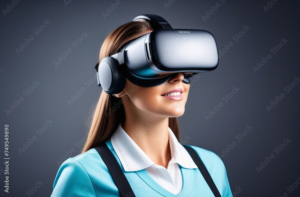 Beautiful woman with glasses of virtual reality on blur background. Future technology concept. new future technology concept Beautiful woman with glasses of virtual reality on blur background. Future technology concept. new future technology concept