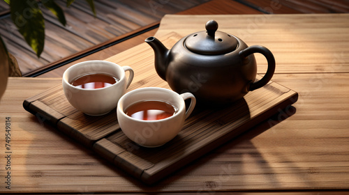Hot Teapot And Teacups On Bamboo Mat