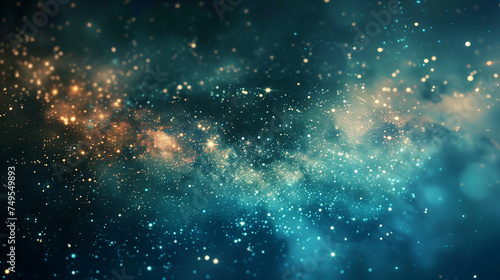 Blue Space Background Adorned with Sparkling Stars and Soft Bokeh, Enhanced with Tones of Light Gold and Dark Emerald
