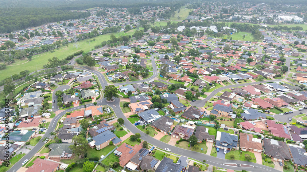 Drone aerial photograph of residential houses and surroundings in the greater Sydney suburb of Glenmore Park in New South Wales in Australia
