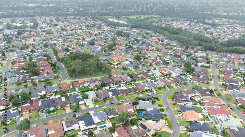 Drone aerial photograph of residential houses and surroundings in the greater Sydney suburb of Glenmore Park in New South Wales in Australia Drone aerial photograph of residential houses and surroundings in the greater Sydney suburb of Glenmore Park in New South Wales in Australia