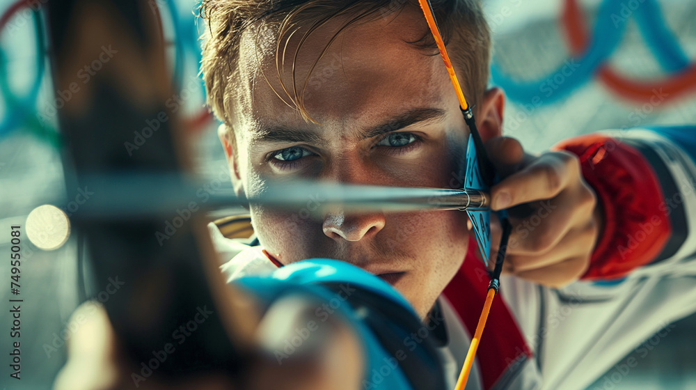 Precision in Motion: Olympic Archer Takes Aim at the Target, Expertly Focused, with Detailed Close-up on the Bow and Arrow, Capturing the Intensity of Competitive Excellence - obrazy, fototapety, plakaty 