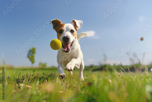 Energetic dog playing fetch in a grassy field, Clear blue sky, Joyful and active, Natural outdoor setting