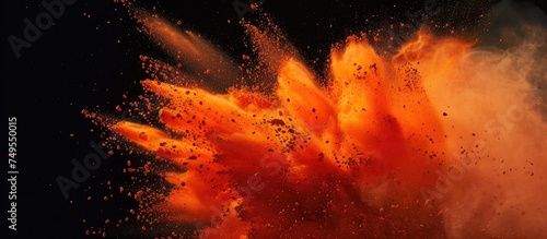 A dynamic explosion of red and orange powder bursting against a stark black background  creating a visually striking contrast and a sense of intense energy and movement. The vibrant colors create a