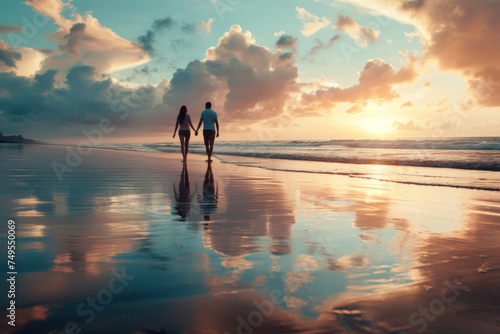 Couple's Reflective Beach Walk at Sunset with Dramatic Sky and Clouds