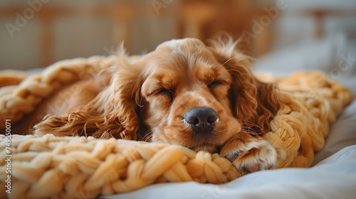 Adorable Cocker Spaniel Pup Taking a Nap on a Cozy Bed. Concept Cute Dog Photoshoot, Pet Naptime, Cozy Moments, Adorable Cocker Spaniel, Comfy Bed_setting