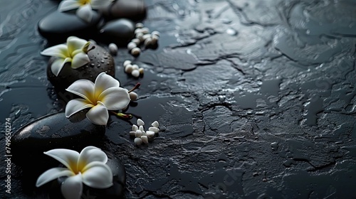 Frangipani flowers delicately rest alongside smooth stones on a wet, dark surface, evoking a serene and tranquil ambiance reminiscent of a Zen spa retreat.