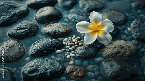 On a damp  dark surface  frangipani flowers and smooth stones coexist harmoniously  enveloping the space in a serene and peaceful aura akin to that of a Zen-inspired spa.