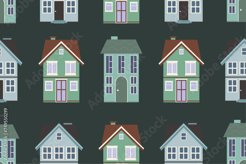 Vector seamless pattern with cute green houses in cartoon style.