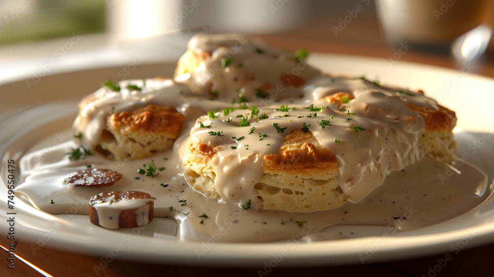 Savory biscuits and gravy on plate