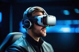 Side view portrait of handsome bearded businessman wearing VR headset driving luxury car, modern technology concept