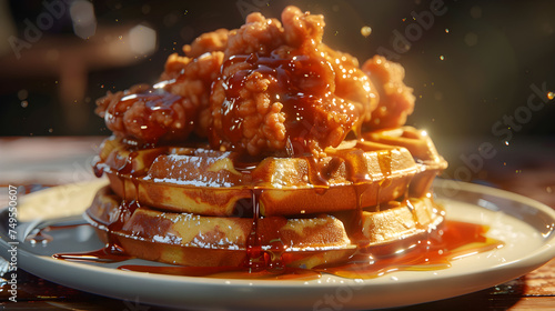 Delectable chicken and waffles with syrup drizzle
