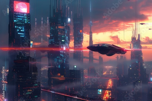 Futuristic city glows with soft hues  complemented by the sleek design of hovering vehicles above the vibrant skyline. Resplendent.