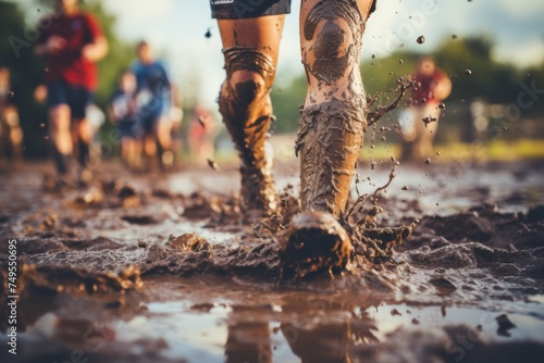 close up shot of a rugby player s muddy legs, capturing the intensity and determination of the sport. photo