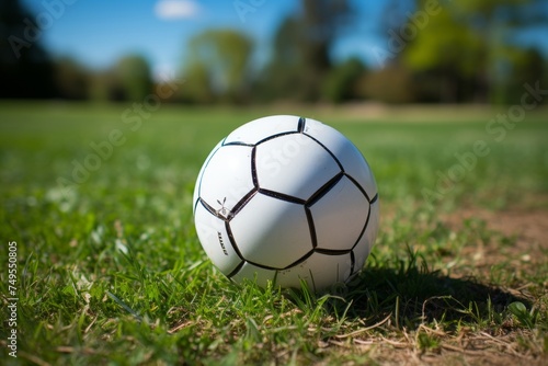 Capture a dynamic shot of a soccer ball in motion on a vibrant football field, with the stands in the background.