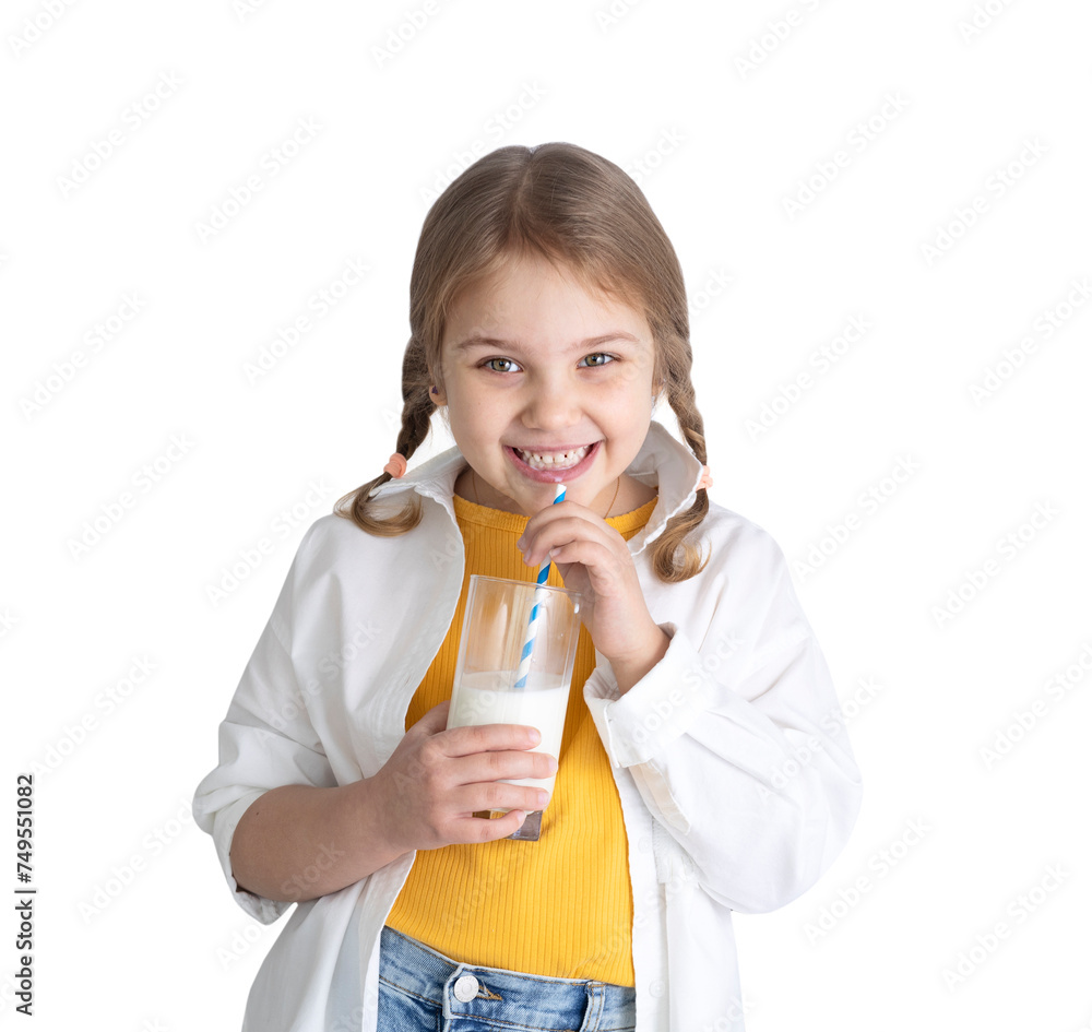Child girl drinking glass of milk isolated on white.