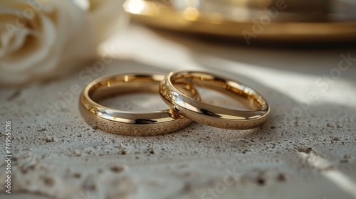 The wedding rings are placed on beige surfaces in a light room with a minimalist interior design